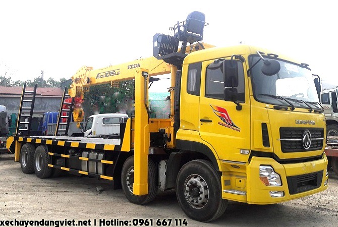 xe tải dongfeng 4 chân gắn cẩu 12 tấn soosan scs1015ls sàn chở máy công trình